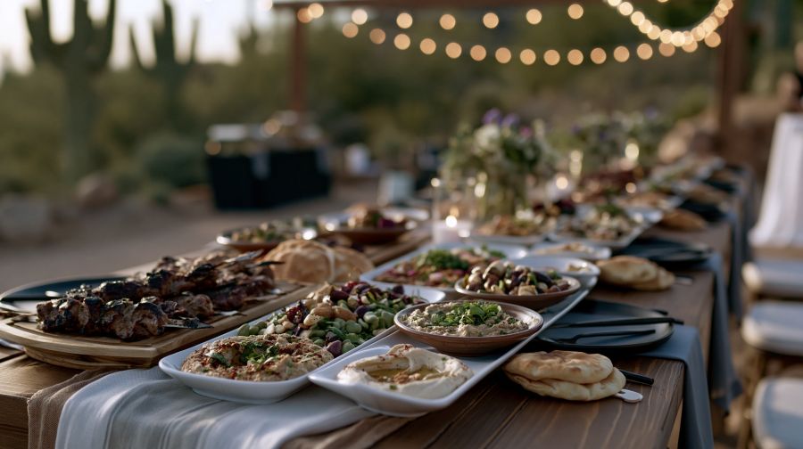 Catered dinner table set outdoors in the Arizona desert with platters of grilled meats, dips and flatbread under string lights